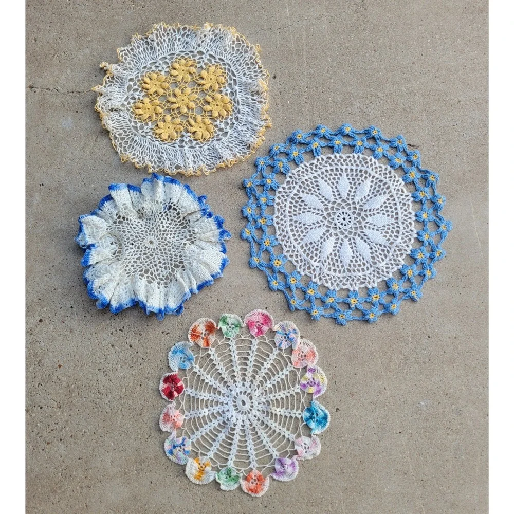 Lot 4 Vintage Hand Crocheted Doilies Round Multi Color Ruffled Lace Flowers-Read